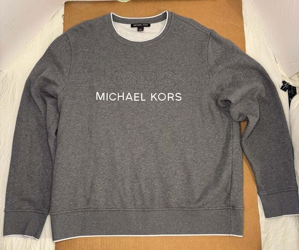 Michael Kors Gray Embossed Logo Crewneck Fleece Sweatshirt Size XL